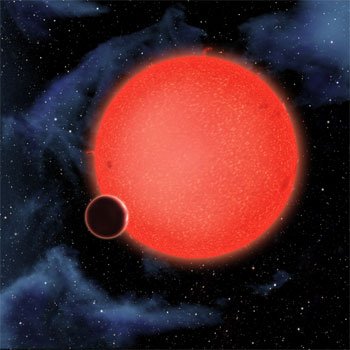 Arte mostra o novo planeta, que orbita a cada 38 horas ao redor de uma estrela vermelha an�.  (HARVARD-SMITHSONIAN CENTER FOR ASTROPHYSICS)