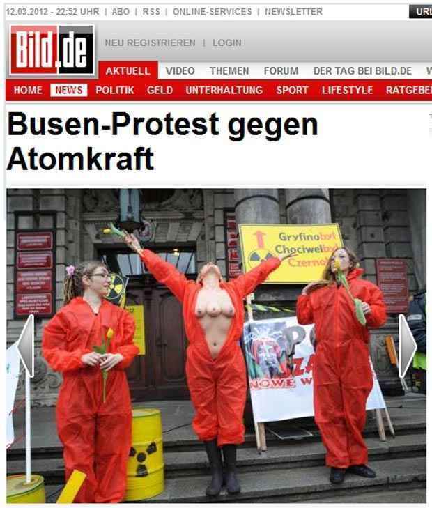 Ativista faz topless mutante em protesto contra o uso de energia atômica (Reprodução Internet/ www.bild.de)