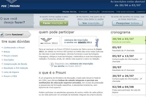 As inscrições poderão ser feitas exclusivamente pela internet na página siteprouni.mec.gov.br/ (Reprodução / http://siteprouni.mec.gov.br/)