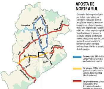 Veja por onde devem passar as linhas do novo transporte em BH (clique para ampliar) (Arte EM)