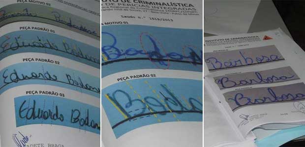 Imagem mostra a discrepância das assinaturas dos candidatos e dos 'dublês' (Maurício Rocha/Patos de Minas) Imagem mostra a discrepância das assinaturas dos candidatos e dos 'dublês' (Maurício Rocha/Patos de Minas)