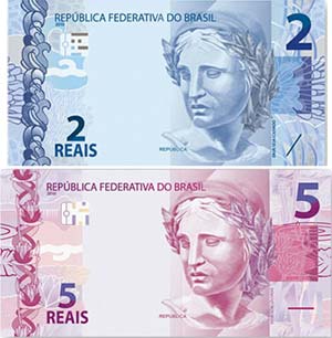 Notas de R$ 2 e R$ 5 da nova família do Real - Clique para ampliar (Divulgação Banco Central)
