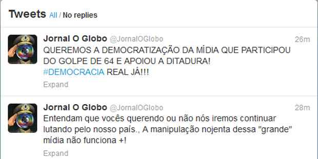 Mensagens enviadas pelo grupo após invasão à conta do Jornal O Globo (Reprodução/Twitter) Mensagens enviadas pelo grupo após invasão à conta do Jornal O Globo (Reprodução/Twitter)