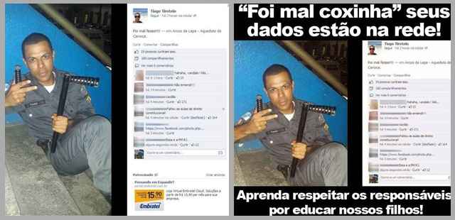 Lado a lado, a publicação no perfil 'Tiago Tiroteio' e a postagem do grupo Anonymous, acompanhada do link que expõe os dados do PM (Reprodução/Facebook) Lado a lado, a publicação no perfil 'Tiago Tiroteio' e a postagem do grupo Anonymous, acompanhada do link que expõe os dados do PM (Reprodução/Facebook)