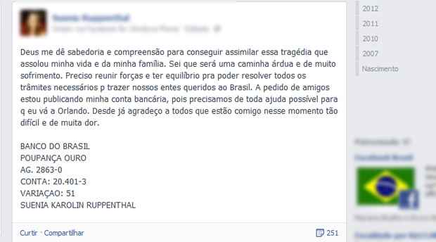 Suênia Karolin Ruppenthal, irmã de Cledione Regina, pede ajuda em rede social (Reprodução/Facebook) Suênia Karolin Ruppenthal, irmã de Cledione Regina, pede ajuda em rede social (Reprodução/Facebook)