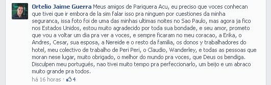 Na última foto, publicada dia 2 de fevereiro, o médico explica que está bem nos EUA e agradece a todos os amigos brasileiros (Reprodução/Facebook) Na última foto, publicada dia 2 de fevereiro, o médico explica que está bem nos EUA e agradece a todos os amigos brasileiros (Reprodução/Facebook)