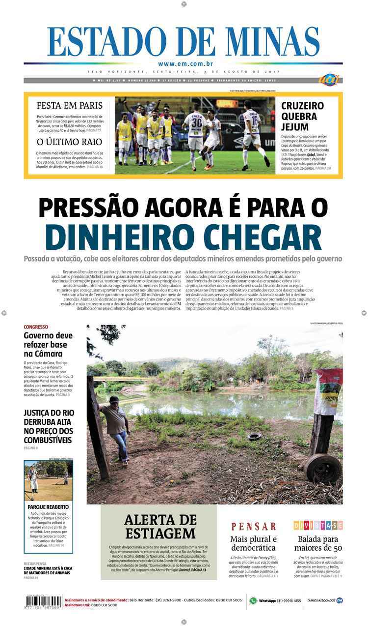 Confira a Capa do Jornal Estado de Minas do dia 17/08/2017