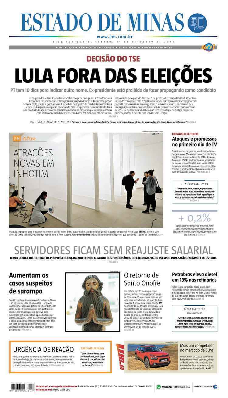 Confira a Capa do Jornal Estado de Minas do dia 01/08/2017