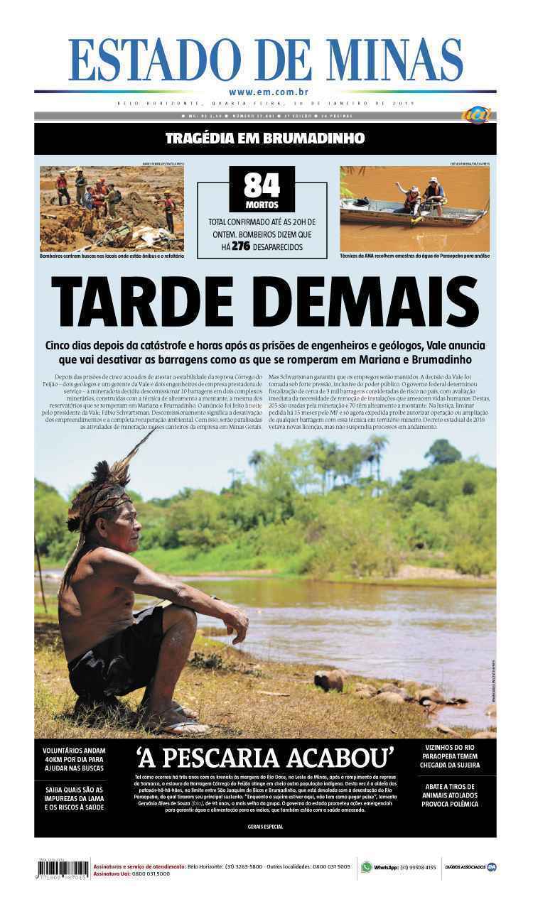 Confira a Capa do Jornal Estado de Minas do dia 30/01/2019